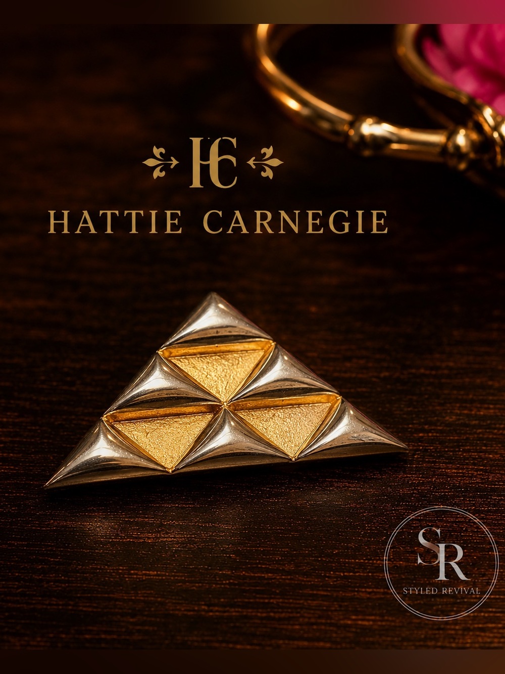 VTG Signed Hattie Carnegie Gold & Silver Tone Geometric Triangle Brooch Pin